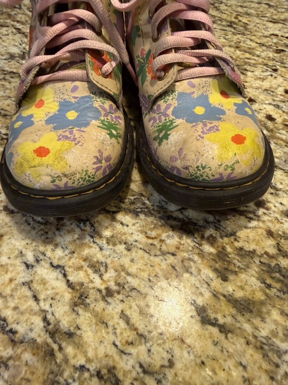Dr. Martens Floral Print Lace-Up Combat Boots with Pink Laces - Picture 2 of 6